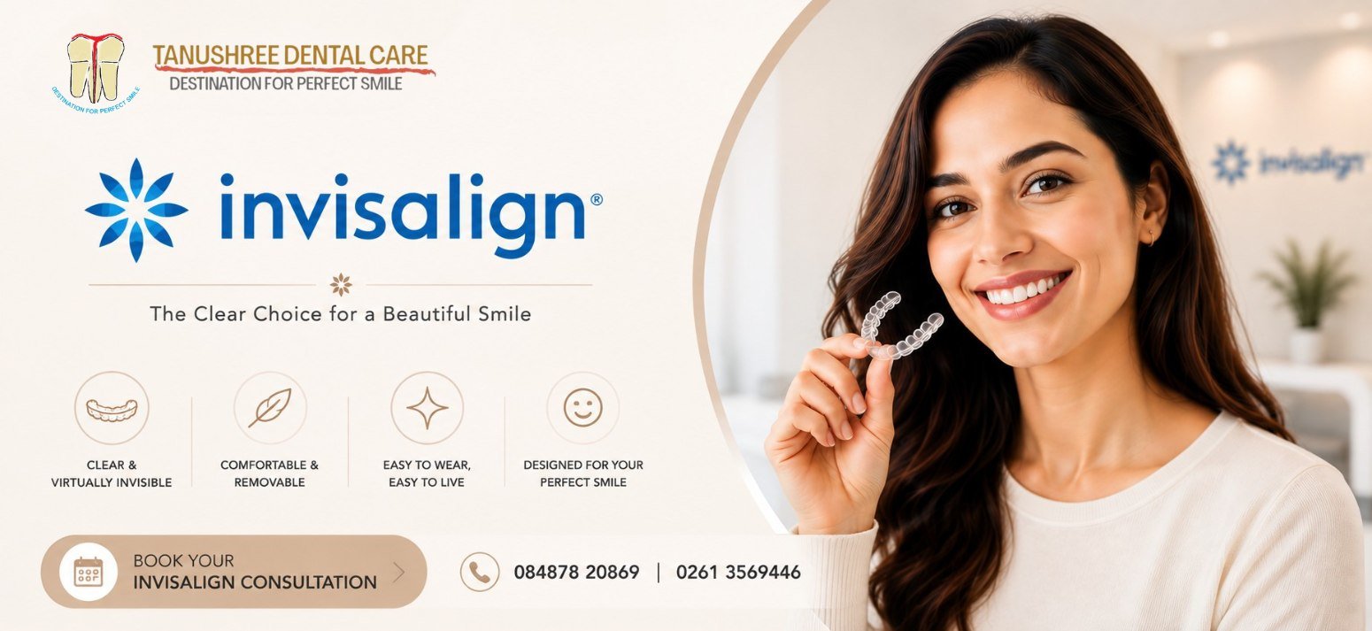 Invisalign at Tanushree Dental Care: the clear choice for a beautiful smile. Clear and virtually invisible, comfortable and removable. Call 084878 20869.